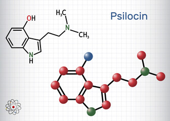 Psilocin molecule. Psychoactive compound in certain species of mushrooms. Sheet of paper in a cage. Vector