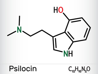 Psilocin molecule. Psychoactive compound in certain species of mushrooms. Skeletal chemical formula. Vector