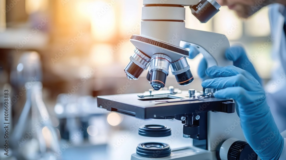 Poster a man in a lab coat examines a sample under a microscope, great for medical and scientific concepts.
