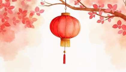 Obraz premium Elegant red lantern hanging on a branch among pink leaves with a soft watercolor background