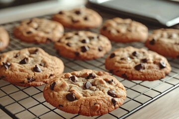 Chocolate chip cookies freshly baked on a cooling rack, with a blurred oven mitt and baking sheets scattered in the kitchen background