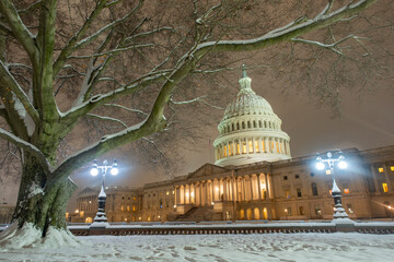 USA Capitol in winter. Congress. American Capitol Building in snow. Washington city Capitol. United...