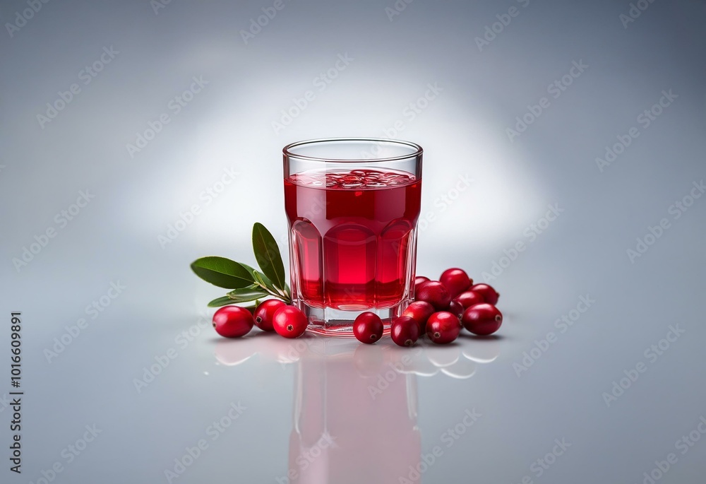 Aufkleber a glass of red juice sits on a grey surface with fresh cranberries and a single green leaf.