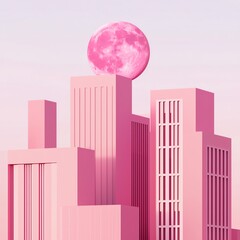 Fototapeta premium Stylized pink skyscrapers with a large pink moon, set against a soft pastel sky.