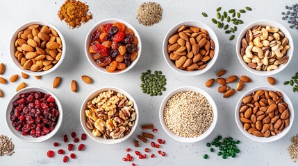 A flat lay featuring different types of nuts and dried fruits, arranged on a white table. Healthy snacks, perfect for a quick energy boost