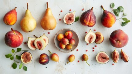 A flat lay of assorted fresh and dried fruits, including pears, peaches, and figs, on a white table. Perfect for a healthy snack