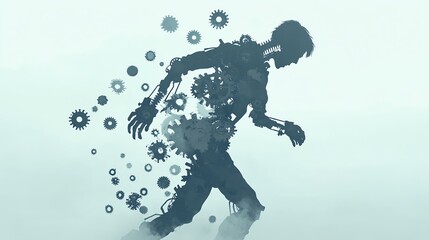 Abstract figure of a person composed of gears, symbolizing the fusion of humanity and technology.