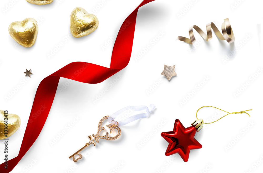 Wall mural Christmas design element on transparent background with transparent shadow. Isolated Christmas Tree decoration, red ribbon and sweet Candy. Flat lay, top view