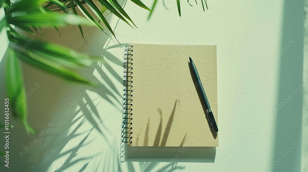 Poster a blank notebook and a pen sit on a surface, surrounded by plant shadows, creating a tranquil worksp