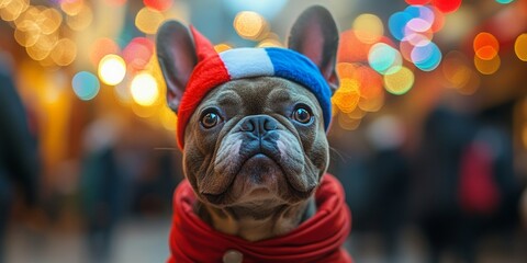 Playful pup in French flag attire, vibrant decorations, joyful crowd, capturing a festive spirit and lighthearted celebration atmosphere