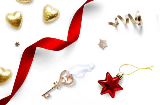 Christmas design element on transparent background with transparent shadow. Isolated Christmas Tree decoration, red ribbon and sweet Candy. Flat lay, top view