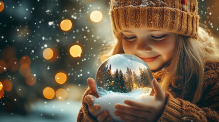Naklejka premium Young child holds a shimmering snow globe filled with tiny Christmas tree inside during a snowy evening in winter wonderland. 