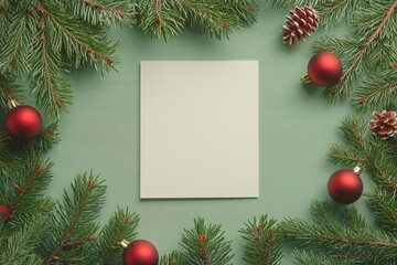 Modello estetico di mockup di Natale e Capodanno con ghirlanda di rami di abete con decorazioni rosse e carta quadrata bianca con spazio per testo