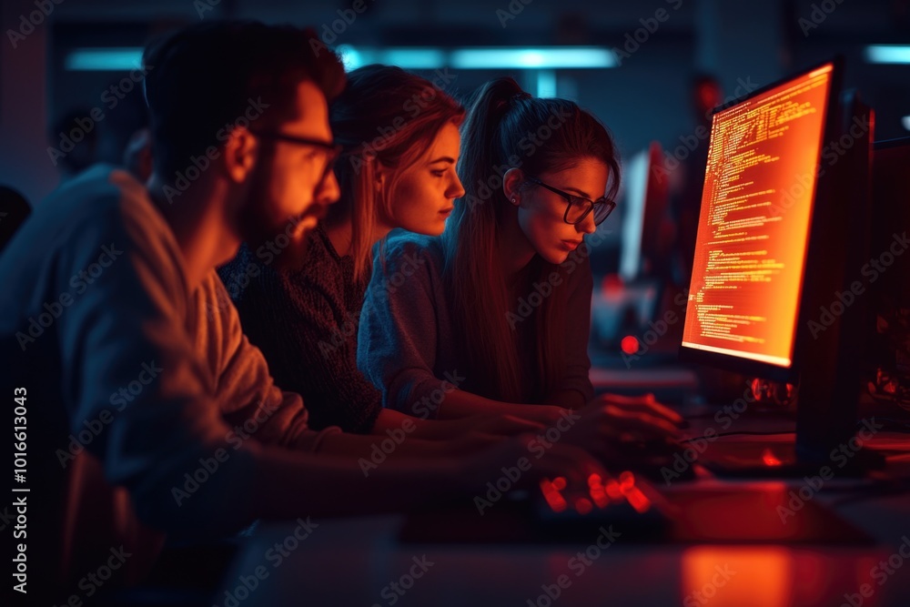 Poster a group of people seated together looking at computers, possibly working or learning.