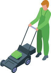 Gardener mowing lawn with modern lawnmower isometric illustration