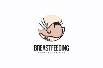 Vector illustration of mother holding hugging breastfeeding baby, breastfeeding baby logo