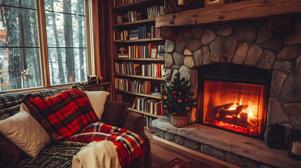 Generative AI, Warm Living Room with Bookshelves and Comfy Sofa by the Fire
