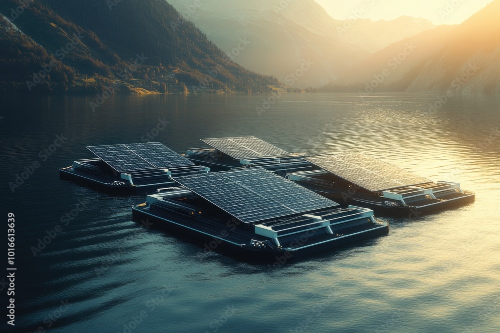 Poster a group of solar panels floating on the surface of a body of water, generating renewable energy.