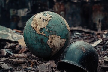 A helmet and a globe sitting on the ground.