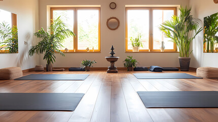 Generative AI, Tranquil Yoga Studio Design with Simple Mats and Flowing Water Sounds
