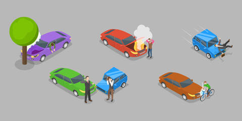 3D Isometric Flat Vector Illustration of Accidents On Road, Transport Vehicles Emergency