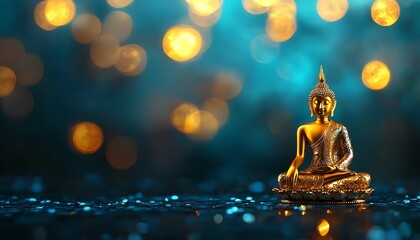 Golden Buddha statue with soft bokeh background, representing peace and spirituality.