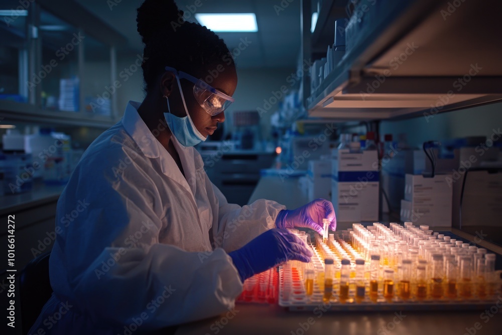 Poster a woman in a lab coat and goggles working in a laboratory, ideal for medical or science-related uses