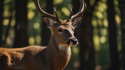 A close-up portrait of a majestic deer with large antlers standing in a forest.