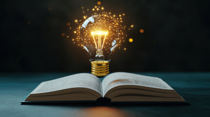 open textbook with glowing light bulb above symbolizes creativity and inspiration. This captures essence of learning and innovative ideas