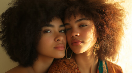 Obraz premium Close-Up Portrait of Two Women with Natural Hair in Warm Sunlight