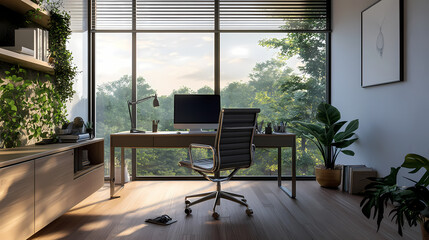 Fototapeta premium Generative AI, Sleek Home Office Setup with Natural Light and Minimal Accessories 