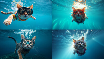 cat in diving mask scuba diving underwater