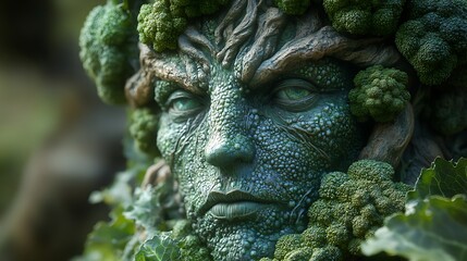 Fototapeta premium Closeup of a green, mossy, and tree bark-like face of a nature spirit with piercing green eyes, surrounded by foliage.