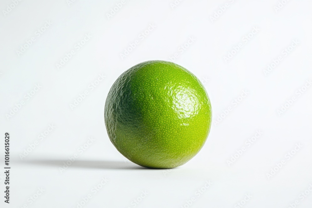 Poster a single lime sitting on a white surface with a shadow.