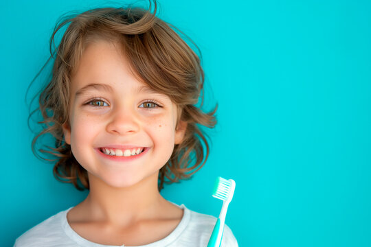 smiling kid with white healthy teeth holding a toothbrush on blue background, children's dental care