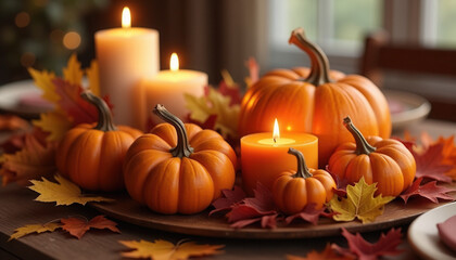 Autumnal Thanksgiving table centerpiece with miniature pumpkins, glowing candles, and vibrant fall leaves, creating a warm and inviting seasonal decor for holiday celebrations and cozy gatherings.
