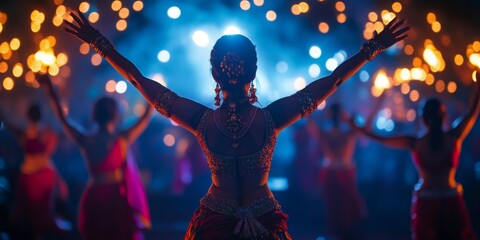 Whimsical Traditional Dance Performance, vibrant costumes twirling under soft stage lights, creating a magical atmosphere of cultural celebration