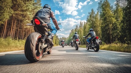 Obraz premium A group of motorbikes on the forest road riding. having fun driving the empty road on a motorcycle tour journey. In summer against a blue sky. Concept of motorsport, speed. Back bottom view