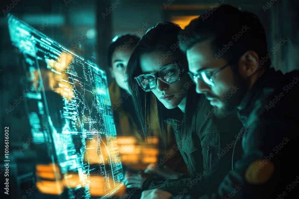 Poster group of individuals gathered around a computer monitor, likely engaged in a collaborative work or p