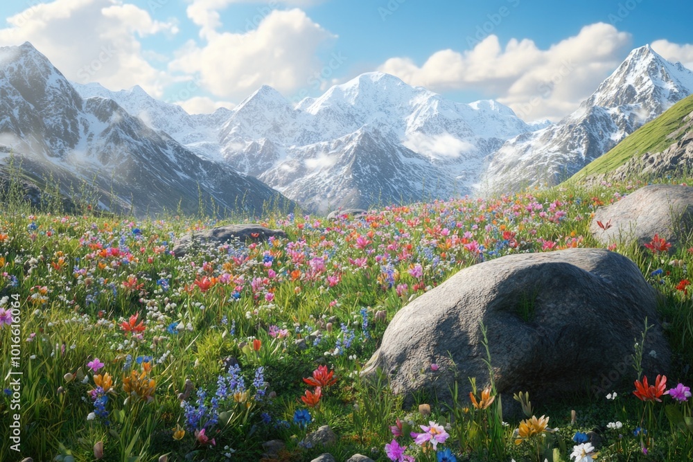 Aufkleber a serene scene featuring a field of colorful wildflowers against the backdrop of majestic mountains.