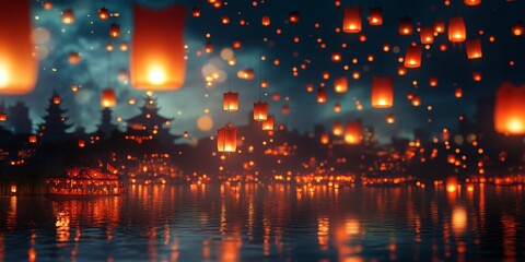 Whimsical Night Sky Lanterns, enchanting floating lanterns illuminate a softly blurred city skyline under a starry sky, creating a magical atmosphere