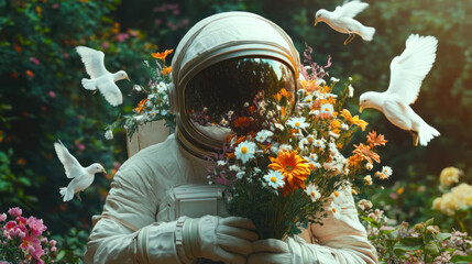 Gardener from space with bouquet and flying doves
