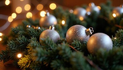 Beautiful Christmas wreath with pine branches, red berries and cones