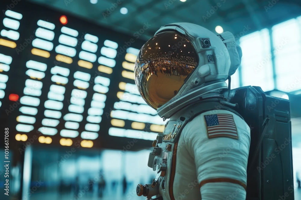 Poster a close-up shot of a person wearing a space suit, ideal for use in science fiction or futuristic-the