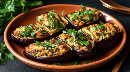 Six stuffed eggplants topped with melted cheese and fresh parsley served on a round brown plate with additional parsley leaves around the plate.