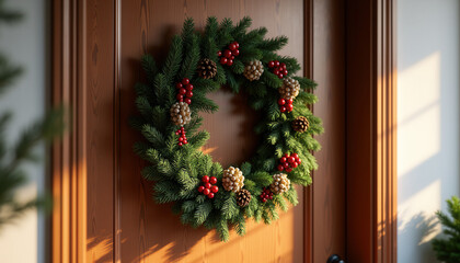 Beautiful Christmas wreath with pine branches, red berries and cones