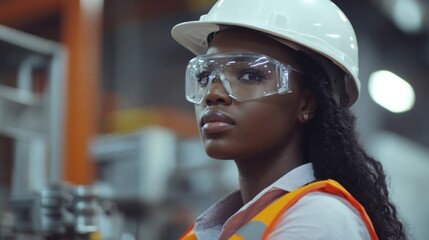 A woman working on a construction site with hard hat and safety glasses, highlighting the importance of personal protective equipment.