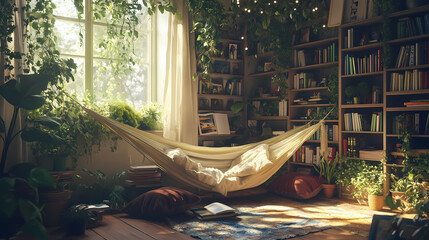 Generative AI, Create a Relaxing Reading Corner with Bean Bag, Fairy Lights, and Travel Books
