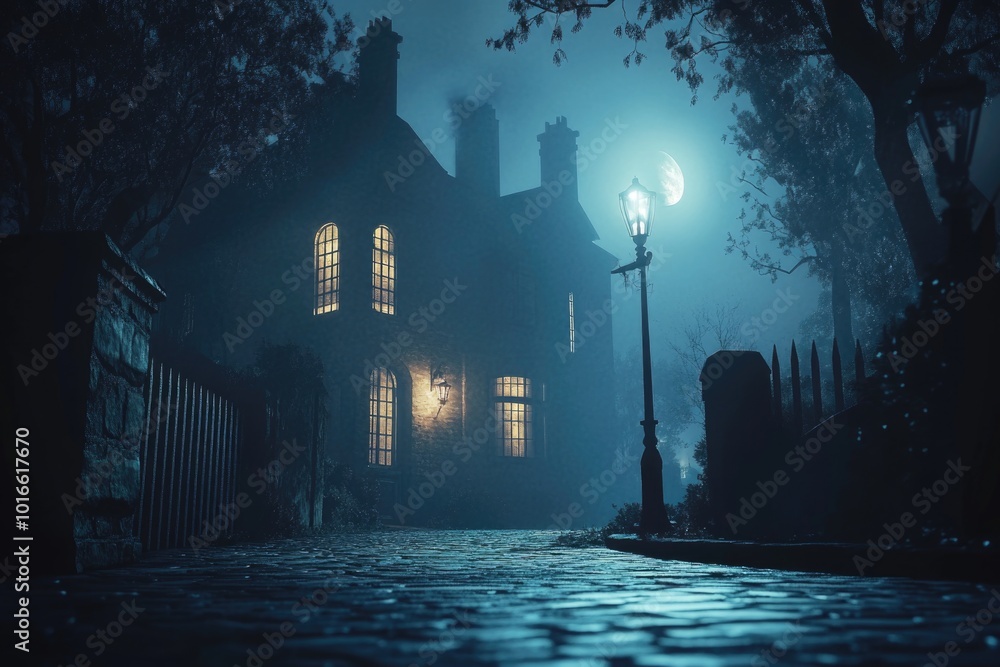Poster a street light shining brightly in front of a house at night, perfect for use as a background or atm