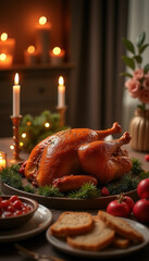 A golden roasted Thanksgiving turkey is served with garnish and candles, creating a warm and festive atmosphere for the holiday meal, while fresh herbs and vegetables add seasonal flavors.